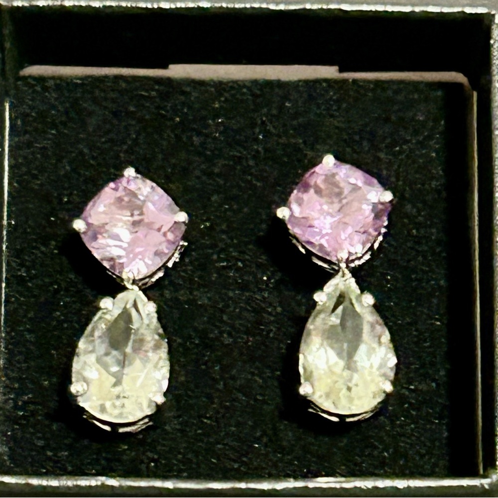 Stunning Designer 9CTW Purple and Green Amethyst Tear Drop Earrings - Picture 2 of 5
